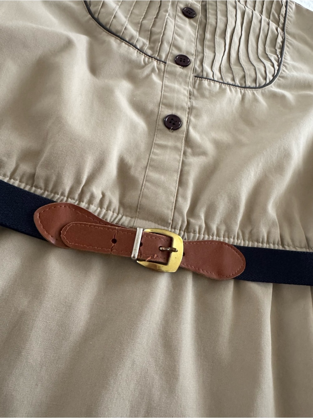 Vintage Millicent California Khaki Shirt Dress Pintuck Bib Puff Sleeve - Picture 5 of 9